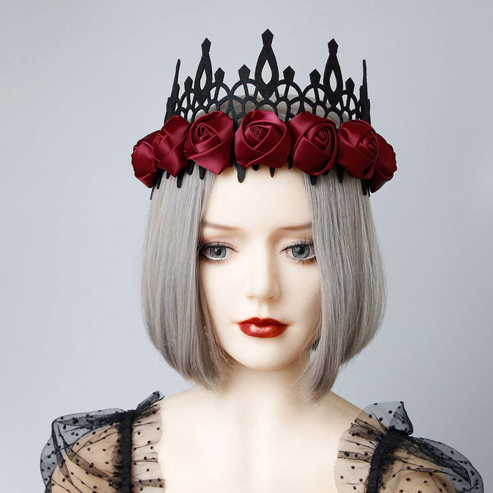 Love Sweety Halloween Vintage Crown Rose Headband Gothic Floral Headpiece (Satin Black and Red)