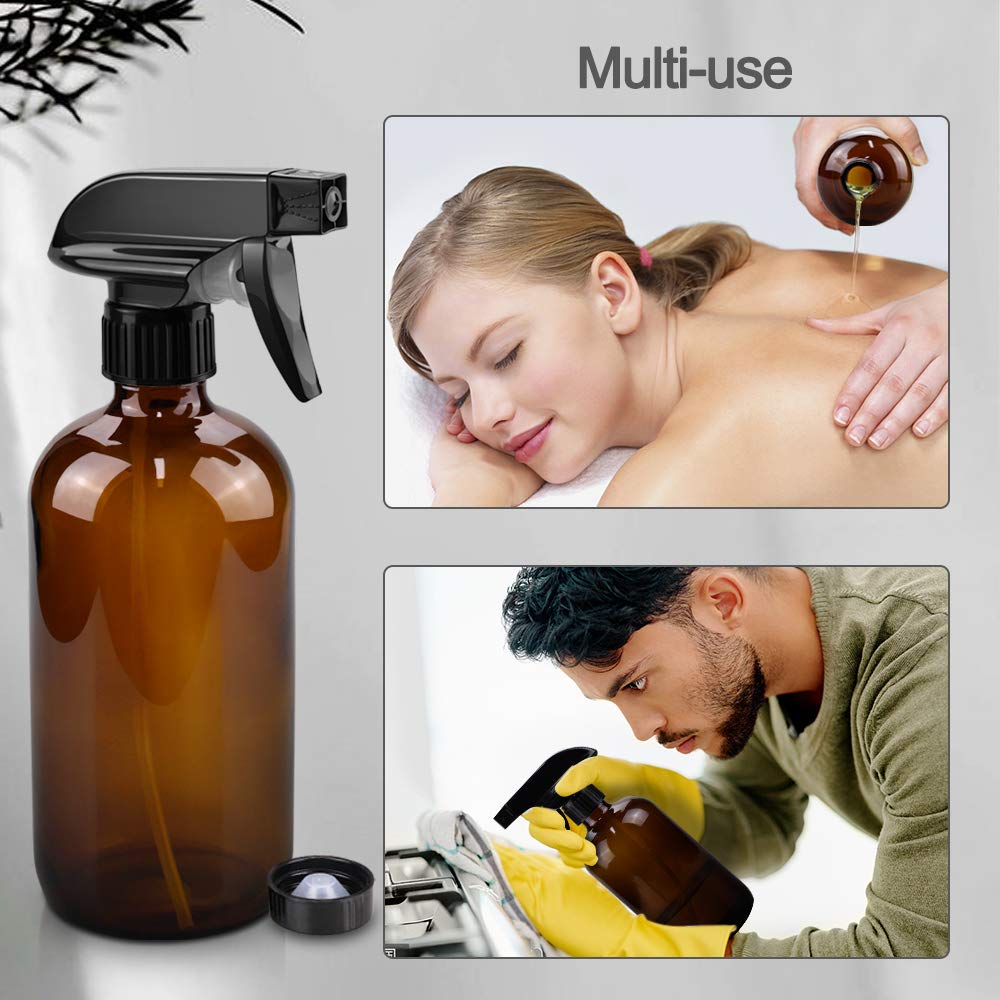 Worldgsb 16oz Amber Glass Spray Bottles - Reusable with Labels & Adjustable Nozzle for Cleaning, Food, Plants