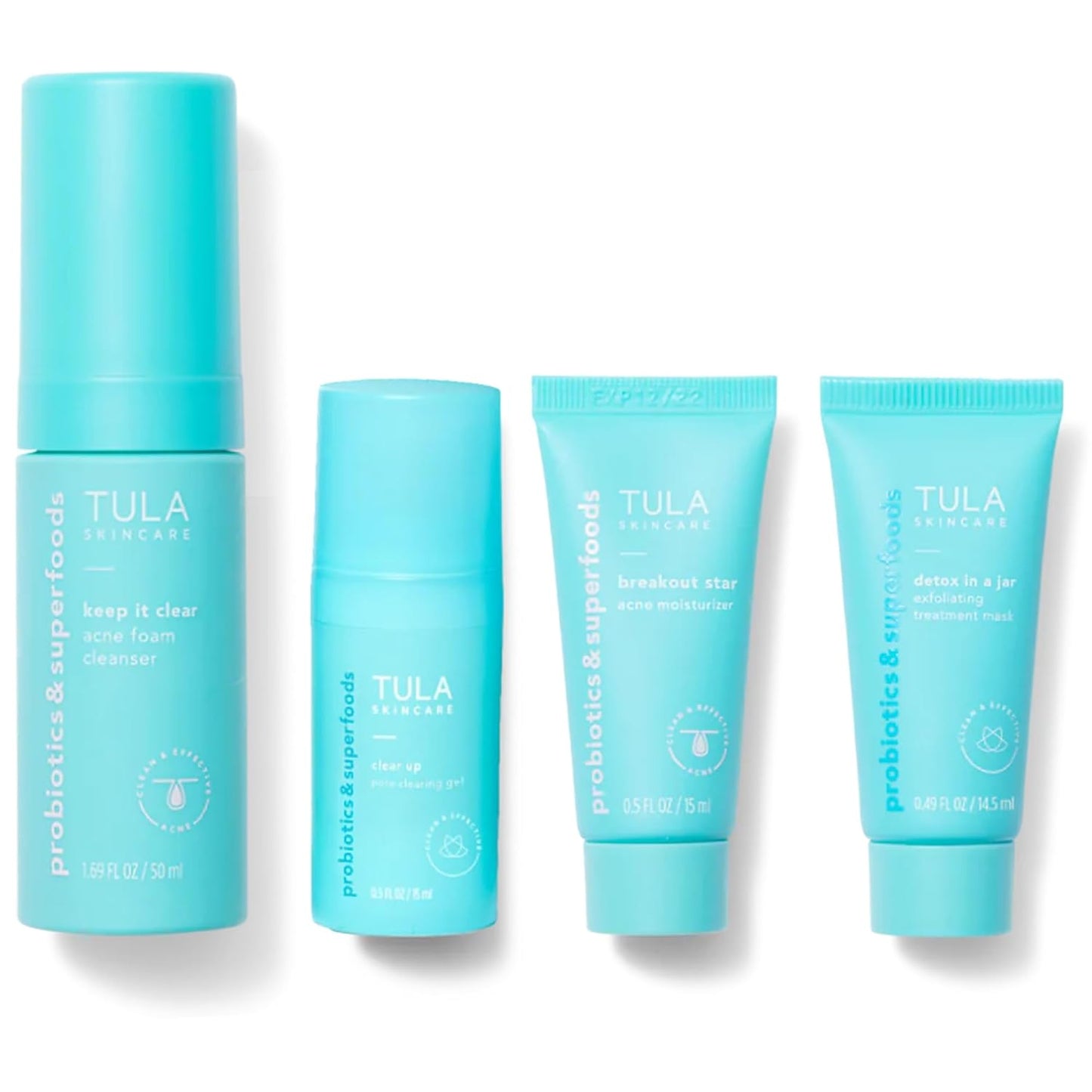 TULA Skin Care Clear Skin Starter Kit | Acne & Blemish Treatment - 4-Piece Foam Cleanser, Gel, Moisturizer & Mask