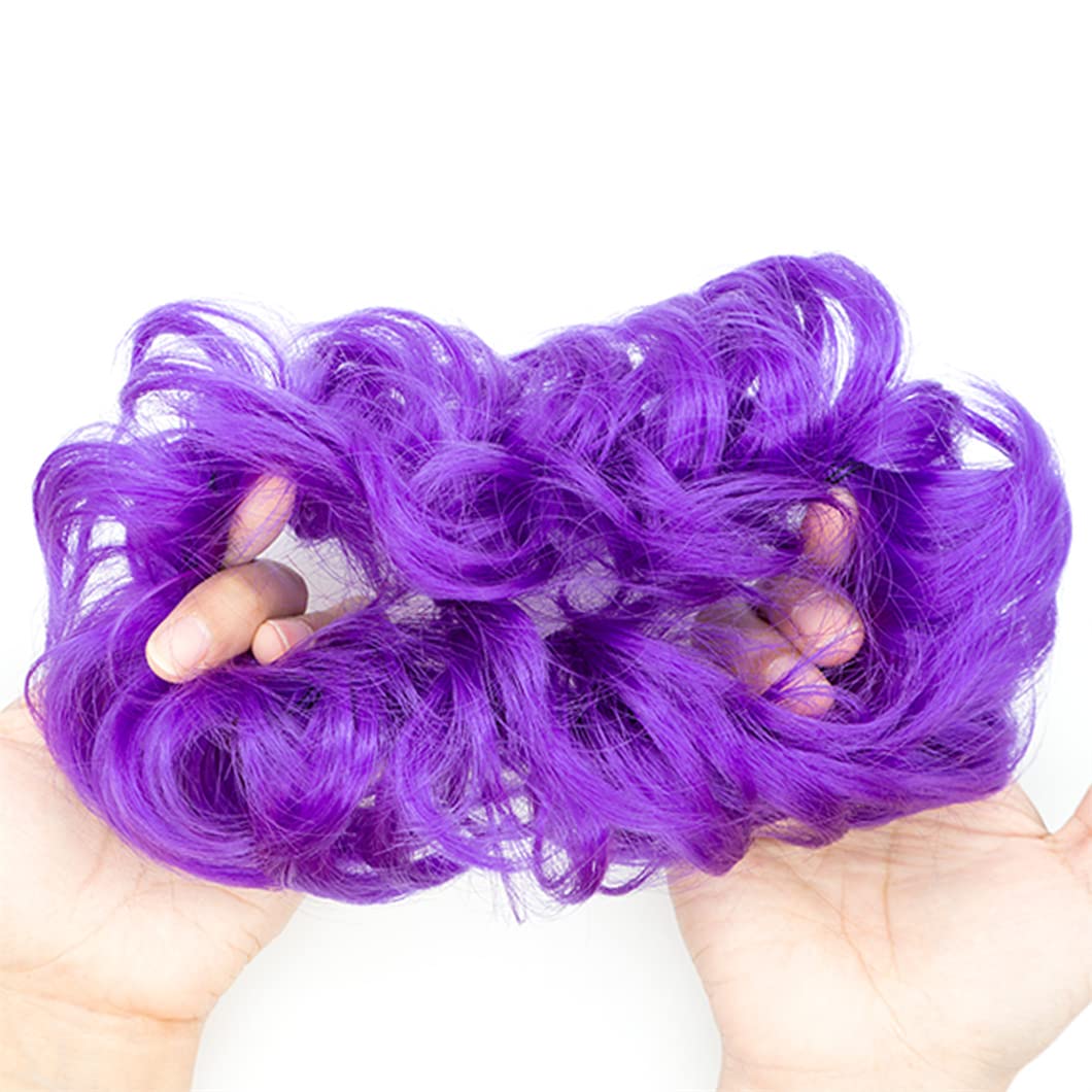 QTHQTFL 1 PCS Messy Bun Hair Piece, Hair Bun Hair Pieces for Women Girls Curly Wavy Synthetic Hair Bun Scrunchies Ponytail Extensions Purple Blue