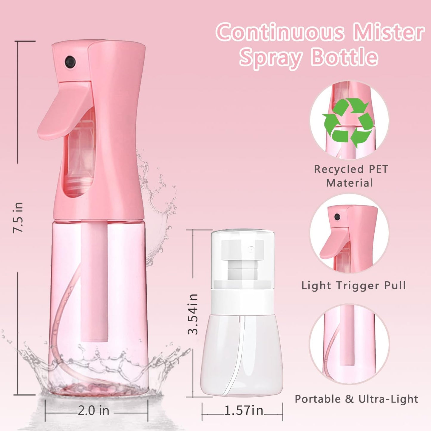 Skiennix 3-Pack Spray Bottles - Continuous Fine Mist for Hair & Plants | 6.8 oz & 1 oz Travel Size - Pink