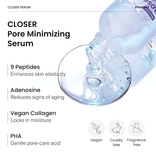 FRANKLY Closer Serum - Pore Minimizer with 9 Peptides & Vegan Collagen | Korean Anti-Aging Hydration | 1.01 fl oz