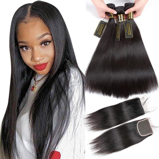 QTHAIR 14A Brazilian Virgin Hair Straight Human Hair with Closure (12 14 16+10Closure) 100% Unprocessed Straight Brazilian Virgin Hair Weave Natural Color Brazilian Straight Hair Bundles