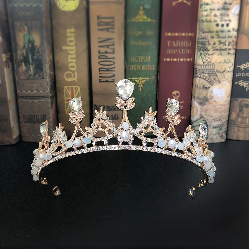 YOVECATHOU Girls Gold Tiara Princess Crown Headband Rhinestone Hairpiece for Halloween Costume Wedding Bridal Prom Birthday Party Cosplay Christmas Gifts