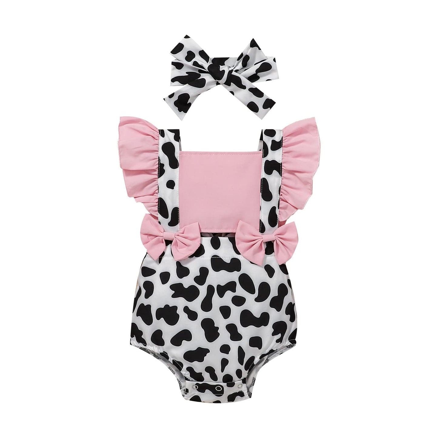 IBAKOM Baby Girl Romper Toddler Smash Cake Outfit Backless First Birthday Outfits Bubble Bodysuit One Piece Cow Summer Clothes Christening Baptism Halloween Christmas Onesie Pink - Ruffle 3-6 Months