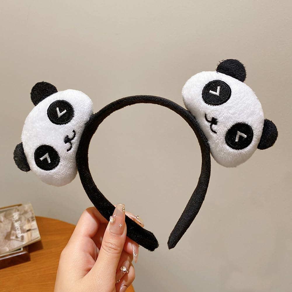 ZHOUMEIWENSP Funny Yellow Fish Stylish Plush Face Wash Makeup Elastic Hair Band Headband Party Hairband for Women (Two pandas smile)