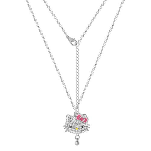 Hello Kitty Sanrio Pave Crystal Pendant Necklace for Women Official License, 16"+3" Sparkly Necklace with Enamel Plating