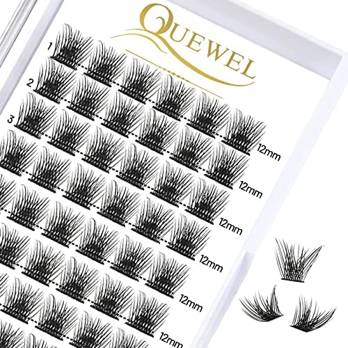 QUEWEL Cluster Lashes 72 Pcs Wide Stem Individual Lashes C/D Curl 12mm Length DIY Eyelash Extension False Eyelashes Fluffy Styles Soft for Personal Makeup Use at Home (Fluffy-D-12)