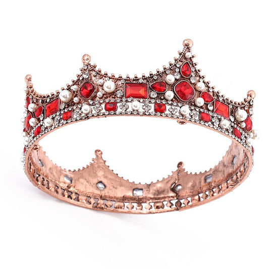 King Crystal Wedding Tiara Vintage Rhinestone Crown Hair Bands For Men Birthday Prom Pageant Hair Accessories (Bronze With Red Stone)