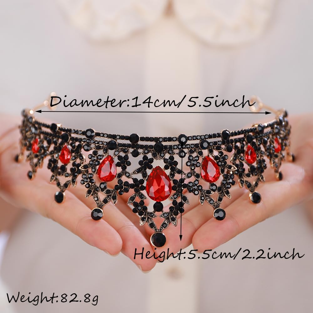 BERYUAN Red Black Crystal Rhinestone Wedding Headband Flower Crystal Vintage Headpiece Baroque Queen Halloween Headdress Gothic Black Rhinestone Wedding Hairpiece for Girls (red)