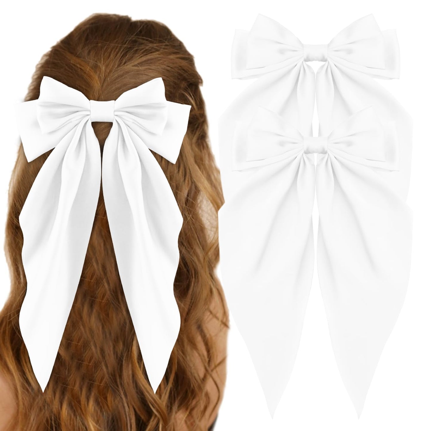 ATODEN White Silky Satin Oversized Long Tail Bowknot Hair Barrettes for Women - Large Metal Clips & Hair Accessories for Wedding