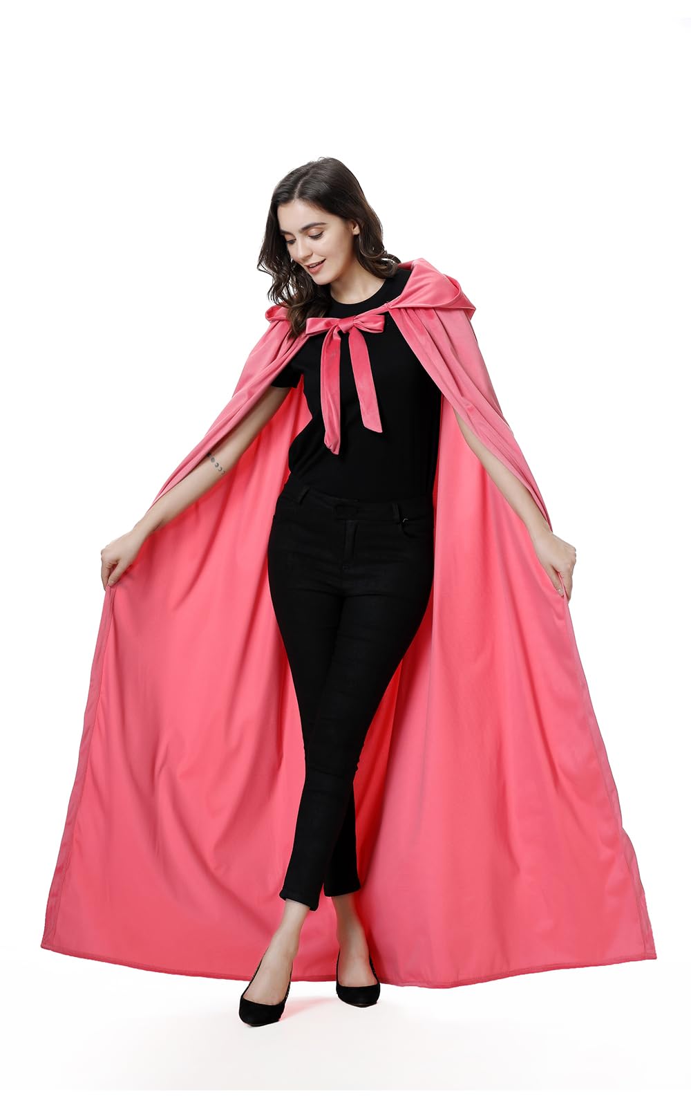 yolsun Unisex Adult Deluxe Wool-Blend Hooded Cloak Dutch Velvet Cape for Halloween Cosplay Costumes(Pink,59'')