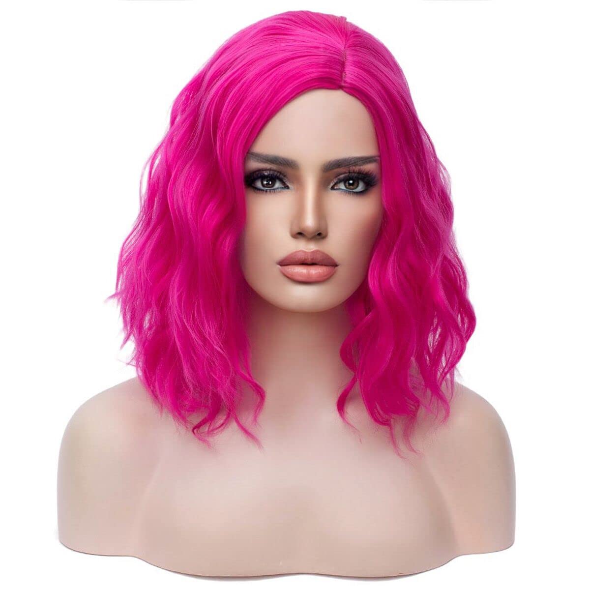 MAGQOO Hot Pink Wig Short Hot Pink Wig Hot Pink Bob Wig Short Curly Wavy Magenta Wig Side Part Pink Wig Short Hair Synthetic Heat Resistant