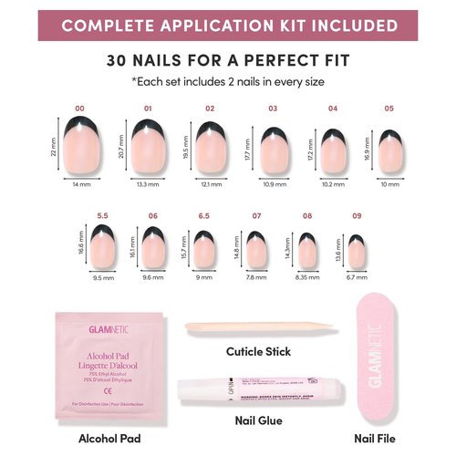 Glamnetic Press On Nails - Onyx Glaze | Short Round Black French Tip Fake Nails, Salon Quality French Manicure | 12 Sizes - 30 Nail Kit with Glue