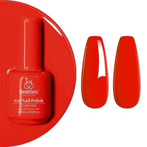 Beetles Red Gel Polish - 15ml/0.51 FL.OZ, Bright Orange Red Gel Nail Polish, Soak Off UV LED Nails Art, Long-Lasting Manicure Salon DIY Home