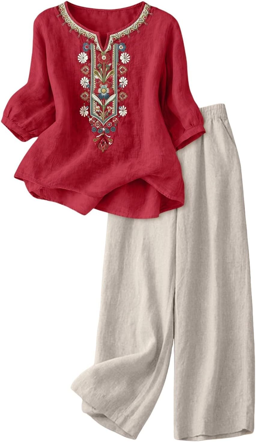 Skiennix Linen Set for Women - 2 Piece Embroidered Top & Wide Leg Capri Pants | Summer Beach Outfit