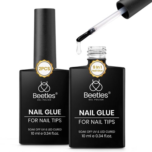 Beetles 9 in 1 Gel Nail Glue for Acrylic Nails Tips, 2 Pcs 10ml Super Strong Nail Glue for Clear False Nails Tips Base Coat Rhinestones Blooming Art Spring Nails Long Lasting U V Light Cure