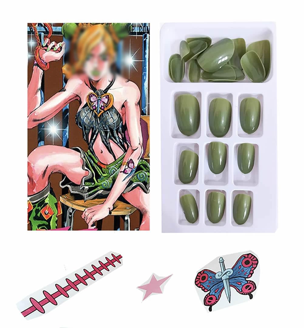 Anime JJBA Jolyne Cujoh Cosplay Tattoo with Kujo Jotaro Jojo Costume Green Nail Art for Halloween (A (Red Tattoo))