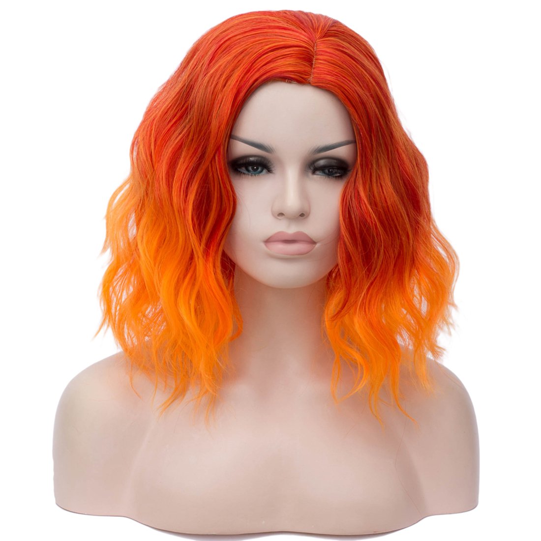 BUFASHION 14" Women Short Orange Kinky Straight Cosplay Synthetic Wigs With Air Bangs 46 Colors Available (Orange)