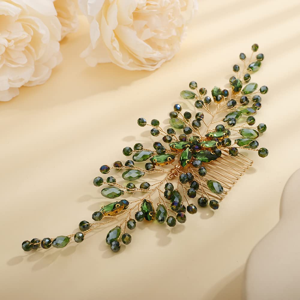 Teyglen Women Rhinestones Flower Bride Wedding Hair Comb Headband Handmade Hair Pieces Hair Accessories Shiny Crystals Bridal Side Hair Combs for Women Bride Girls (Green)