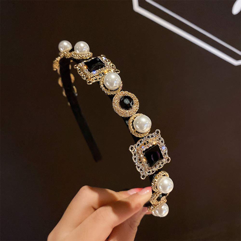 Aimimier Baroque Black Crystal Headband Vintage Gemstone Pearl Crown Delicate Bridal Rhinestone Hair Hoop for Women and Girls (Style 1)