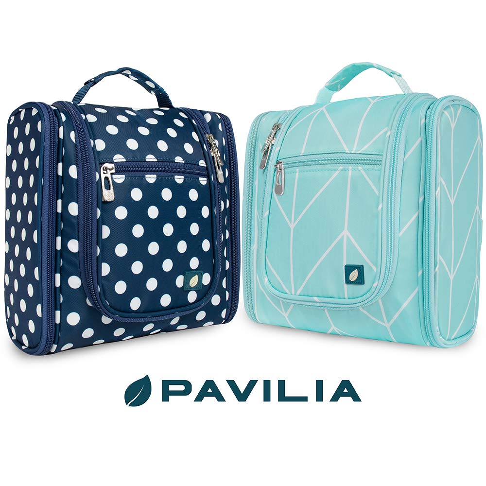 PAVILIA Toiletry Bag Travel Bag for Women Men, Hanging Cosmetic Organizer, Water Resistant Makeup Bag for Accessories Toiletries, Large Travel Essentials Kit (Navy Polka Dot)