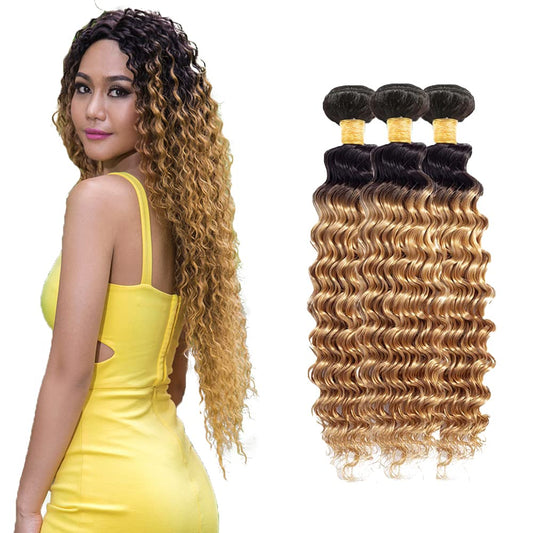 Ombre Human Hair Bundles Blonde Deep Wave Bundles 8a Peruvian Virgin Remy Hair 3 Bundles 18 20 22 Inch 1b27 Deep Wave Bundles Double Weft Hair Extensions Honey Blonde Bundles 100g/Pc