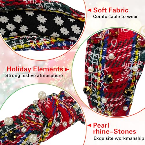 Yoolhamy Christmas Headband for Women Braided Crystal Jeweled Hair Band Xmas Plaid Top Knotted Rhinestone Headbands