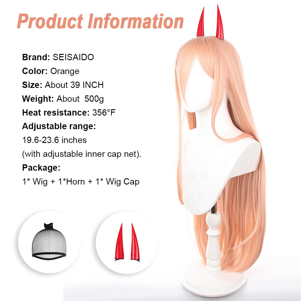 SEISAIDO Orange Cosplay Wig with Horns Long Straight Wigs for Halloween Party + Wig Cap