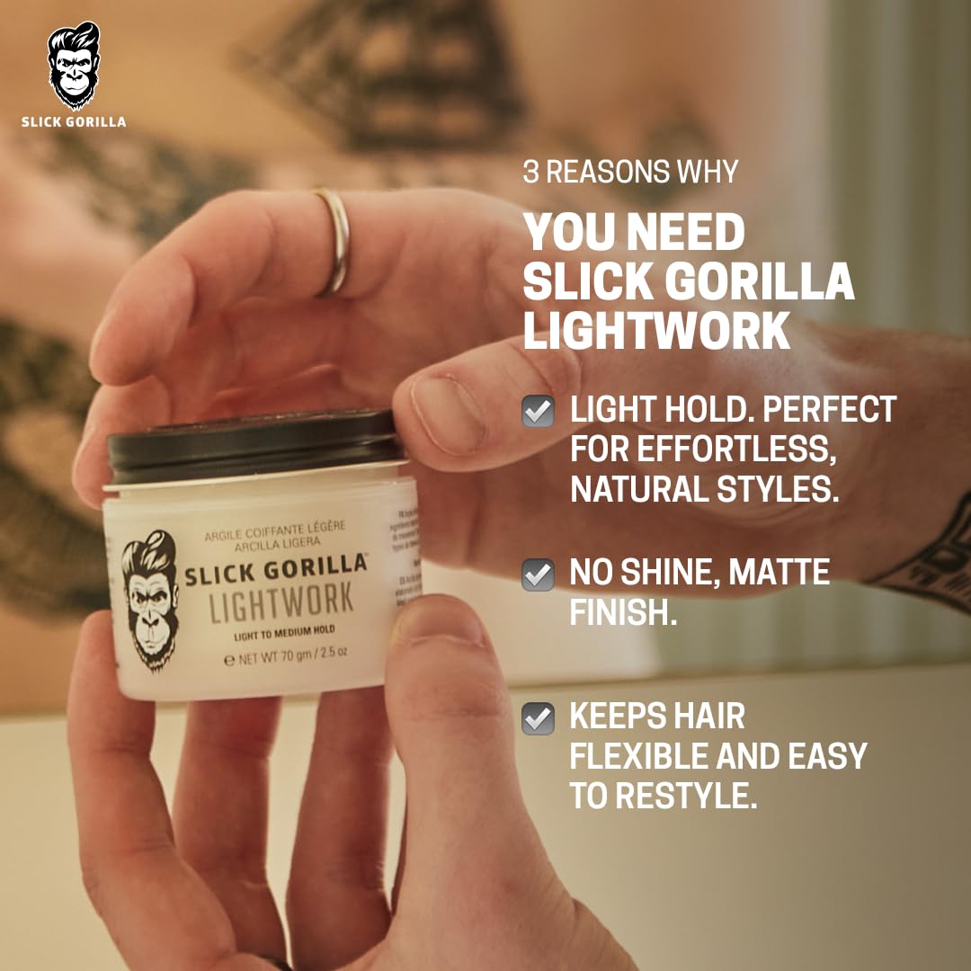 Slick Gorilla Lightwork Matte Hair Clay - Flexible Hold & Natural Texture | 2.5 oz Water-Based Grooming Clay