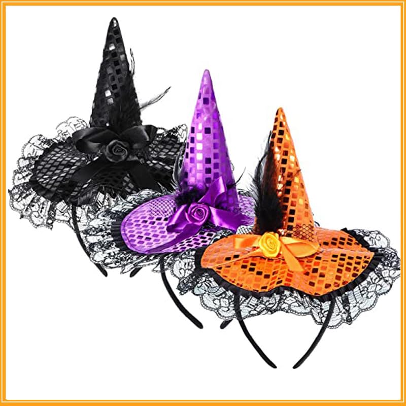 Delicate Dew Women Halloween Witch Hat Headband Girls Glitter Feather Headpiece Wizard Costume (Sequin Black)