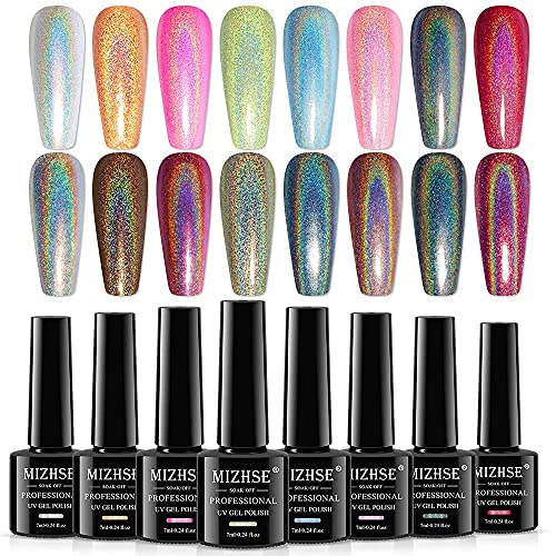 MIZHSE Holographic Gel Nail Polish, Chrome Gel Nail Polish, Galaxy Glossy Chameleon Nail Lacquer Glitter Gel Polish Set, Sparkle Laser Gel Polish Nail Art Salon at Home Gift Set for girl women