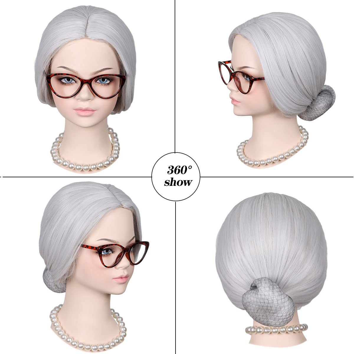 White Old Lady Costume Wig with Bun with Granny Glasses and Pearl Necklace for Halloween Party for Girl Kid