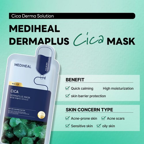 Mediheal Dermaplus Cica Mask - Calming Vegan Sheet Mask with Panthenol & Hyaluron | 10 Count
