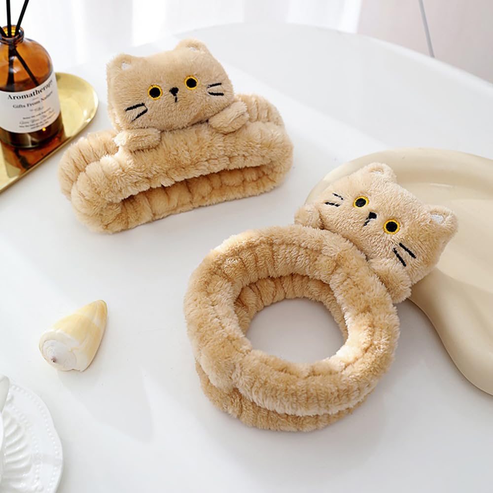 PERFECTSIGHT Spa Headband for Washing Face, 2 Pack Cute Hair Band for Shower Yoga Beauty Skincar Party, Soft Fluffy Makeup Headband, Kawaii Facial Headbands for Woman Girls, Kitty