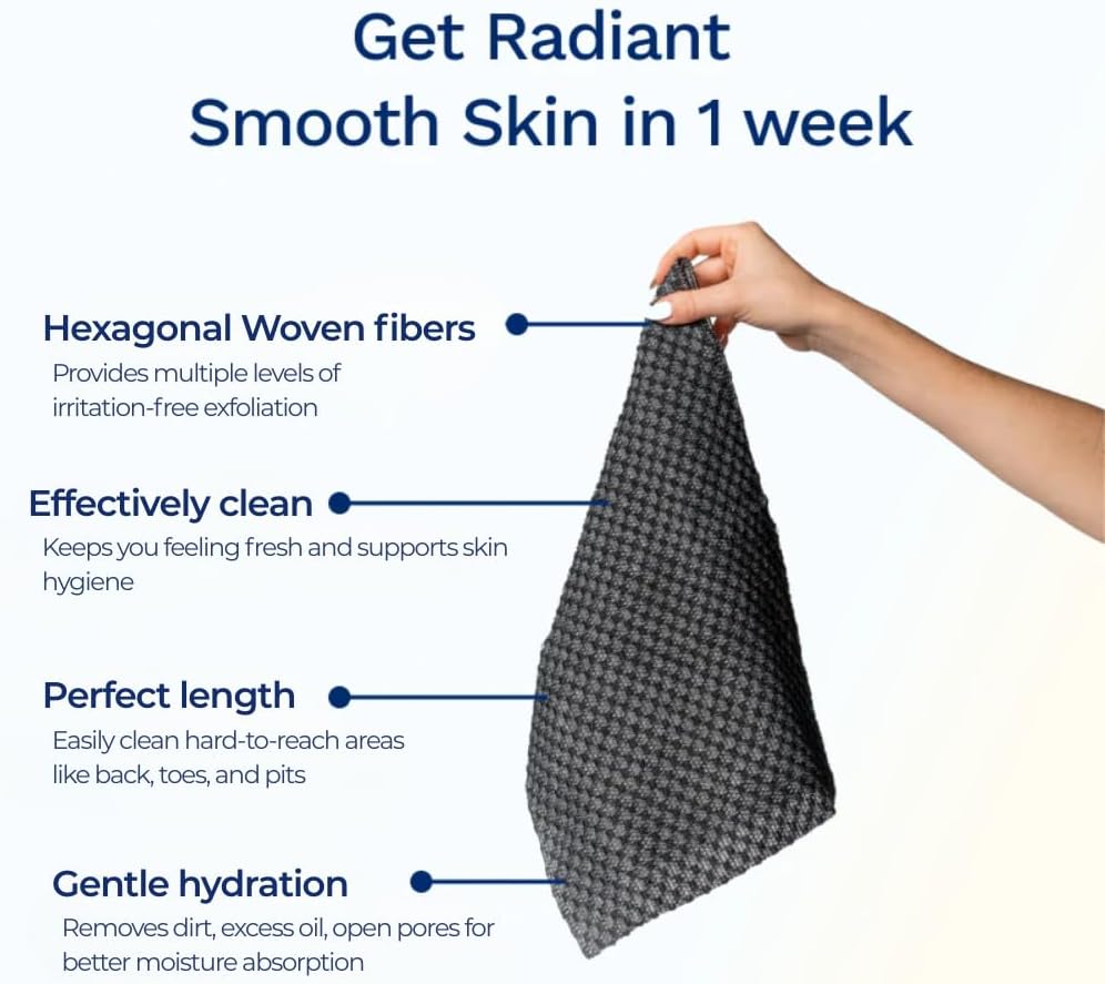 Sima Exfoliating Washcloth - Japanese Hexagon Fiber Body Scrubber Towel, Extra Long Dual-Sided (Black)