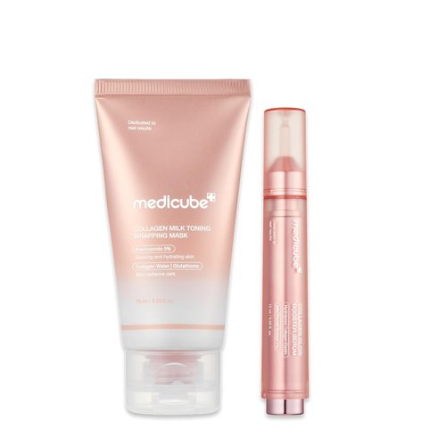 Medicube Milky Collagen Double Glow Lock Duo - Collagen Glazed Mask & Booster Serum | 130Da Collagen, Niacinamide, Glutathione for Radiant Skin