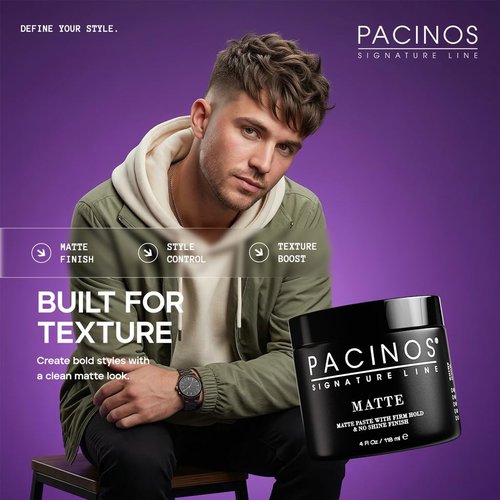 Pacinos Matte Hair Paste - Firm Hold Styling Wax for All Hair Types | Long-Lasting Definition & Texture, 4 fl. oz.