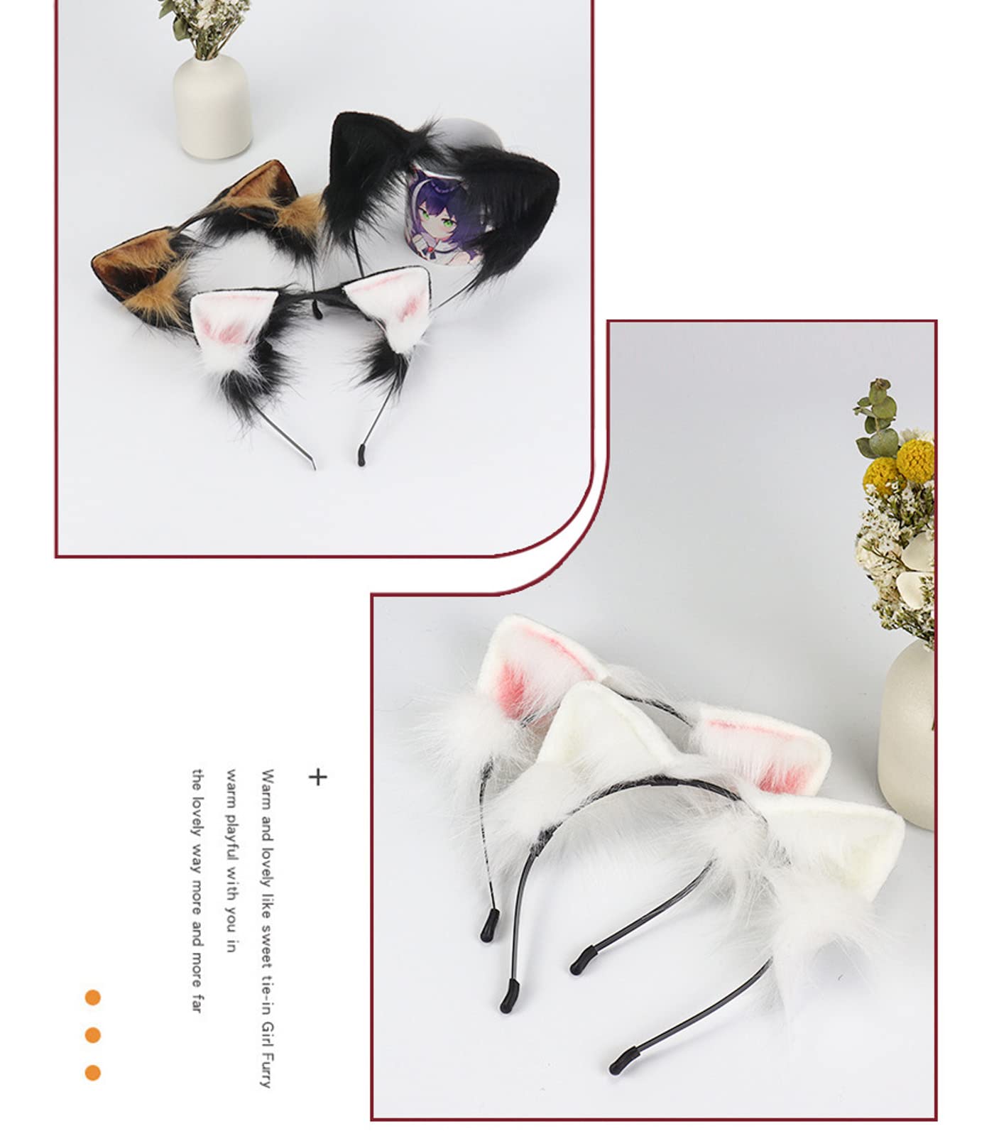 Cat Ears Long Fur Headband Handmade Cute Halloween Fancy Dress Cosplay Animal Furry Wolf Ears Hair Hoop (White)