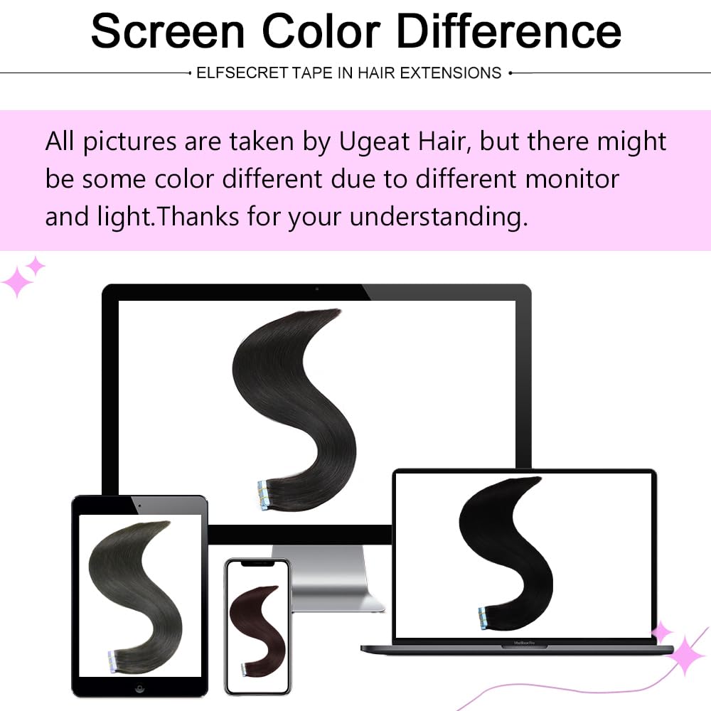 ELFSECRET Human Hair Tape In Hair Extensions Natural Black Color Seamless Invisible PU Skin Weft Tape in 100% Real Human Hair Silky Straight Hair Extensions Soft Thick End (18 Inch, #1B Natural Black)