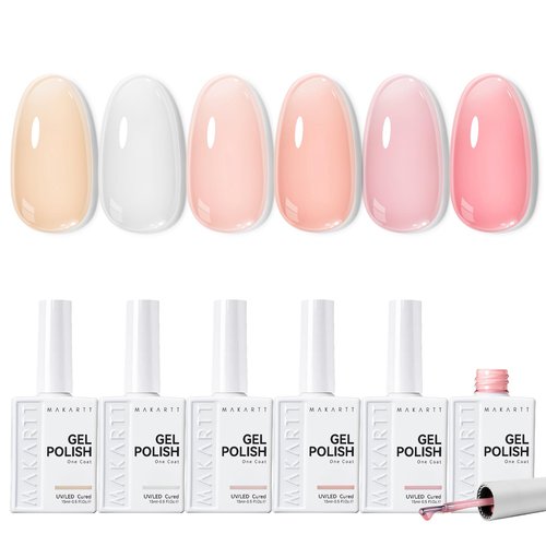 Makartt Jelly White Pink Nude Gel Nail Polish Set 15ml One N'Done 6 Colors Sheer Transparent Gel Polish Kit Salon-Grade UV Nail Art Manicure DIY Salon Home - Peachy Pink