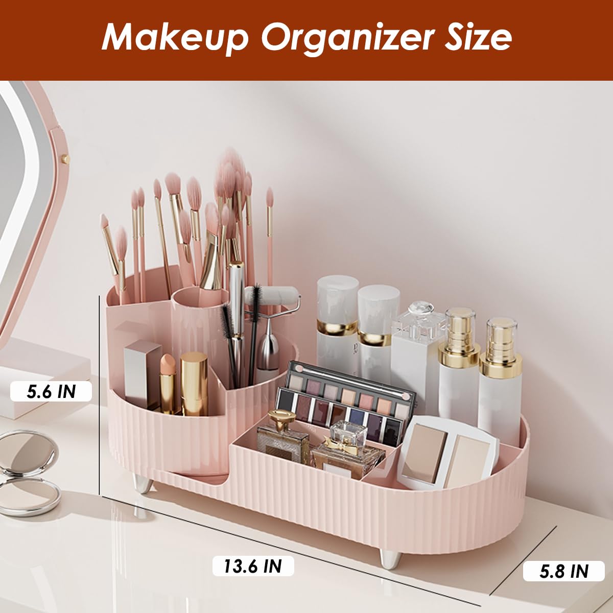 Makeup Organizer Countertop Rotating Makeup Organizer for Vanity Large Capacity Cosmetic Display Case with Makeup Brush Holder Cosmetic Organizer Countertop（Pink）