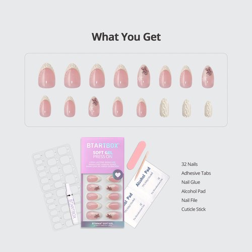 BTArtbox French Tip Press On Nails - Gingerbread Joy, 3D Short Almond Christmas Press On Nails with Glue and Adhesive Tabs for Women in 16 Sizes - 32 Soft Gel Glue On Nails Kit