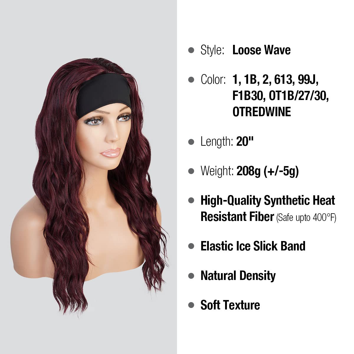 STUDIOCUT BY PROS Headband Wig 20 Inch Loose Wave Quick Wrap Headband Wig Long Wavy Curly Wigs for Black Women High Heat Resistant Synthetic Wigs HBW004 (20 Inch (Pack of 1), 99J)