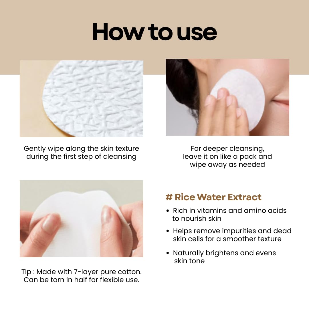 Skiennix Rice Water Cleansing Pads - Exfoliating Makeup Remover & Toner with Centella Asiatica | 50 Pads