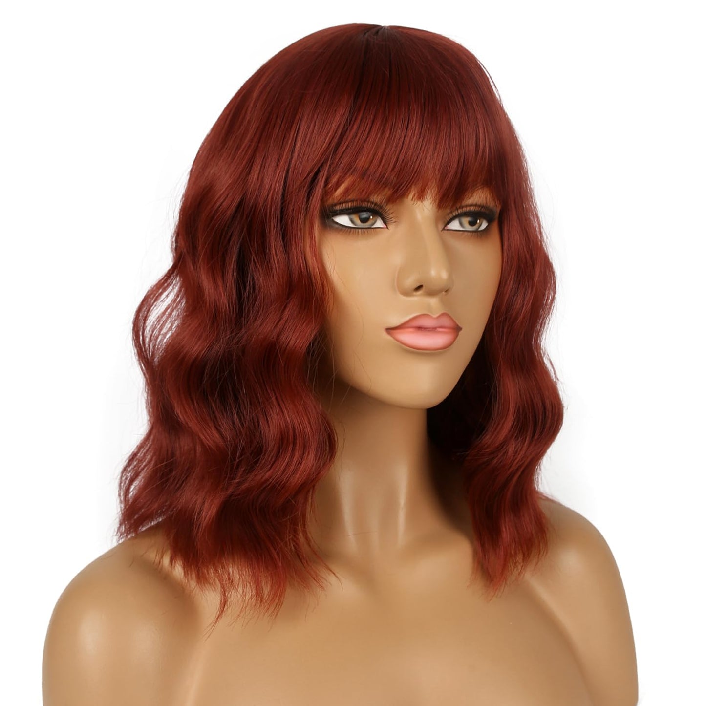 LANCAINI Short Bob Wigs with Bangs for Women Loose Wavy Wig Curly Wavy Shoulder Length Bob Synthetic Cosplay Wig for Girl Colorful Costume Wigs (Auburn)