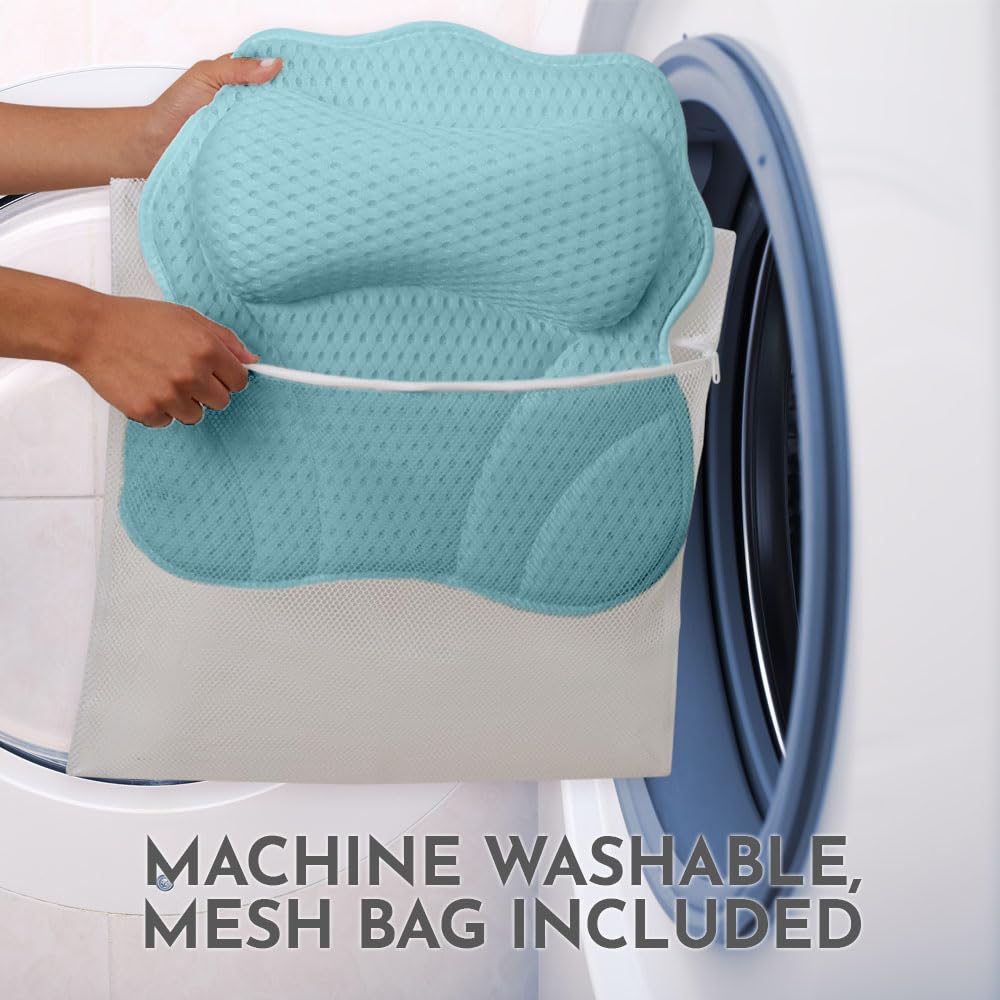 WONDERfoam Thick Padded Ergonomic Bath Pillow for Tub, Bathtub Headrest Neck and Back Support, Strong Suction Cups, Machine Washable Breathable Mesh Quick Dry Pillows, Luxury Spa Accessories, Blue