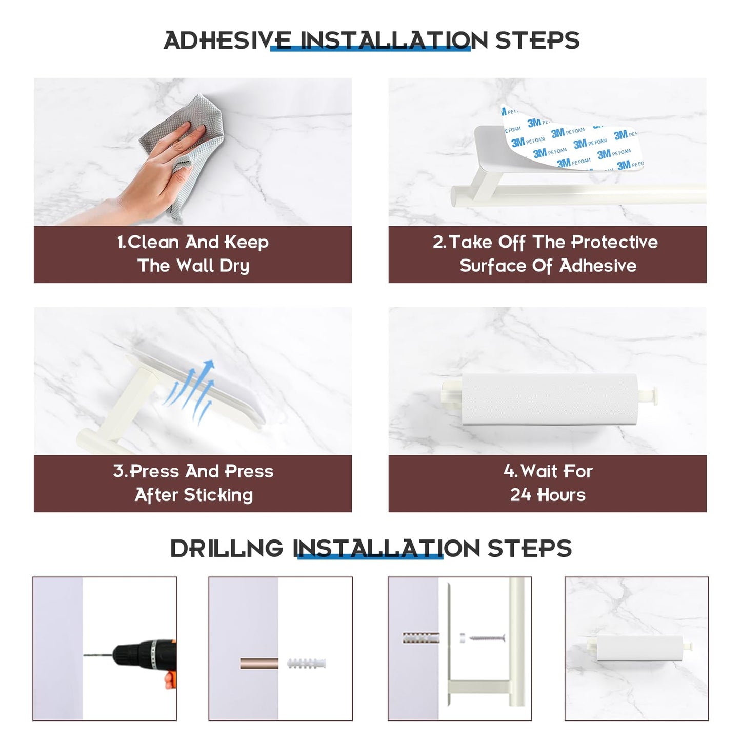 ASTOFLI Paper Towel Holder Under Cabinet No Drilling, Self Adhesive Paper Towel Holder Wall Mount for Kitchen Rack, Under Counter Napin Holder No Drill, 304 Stainless Steel Matte Black