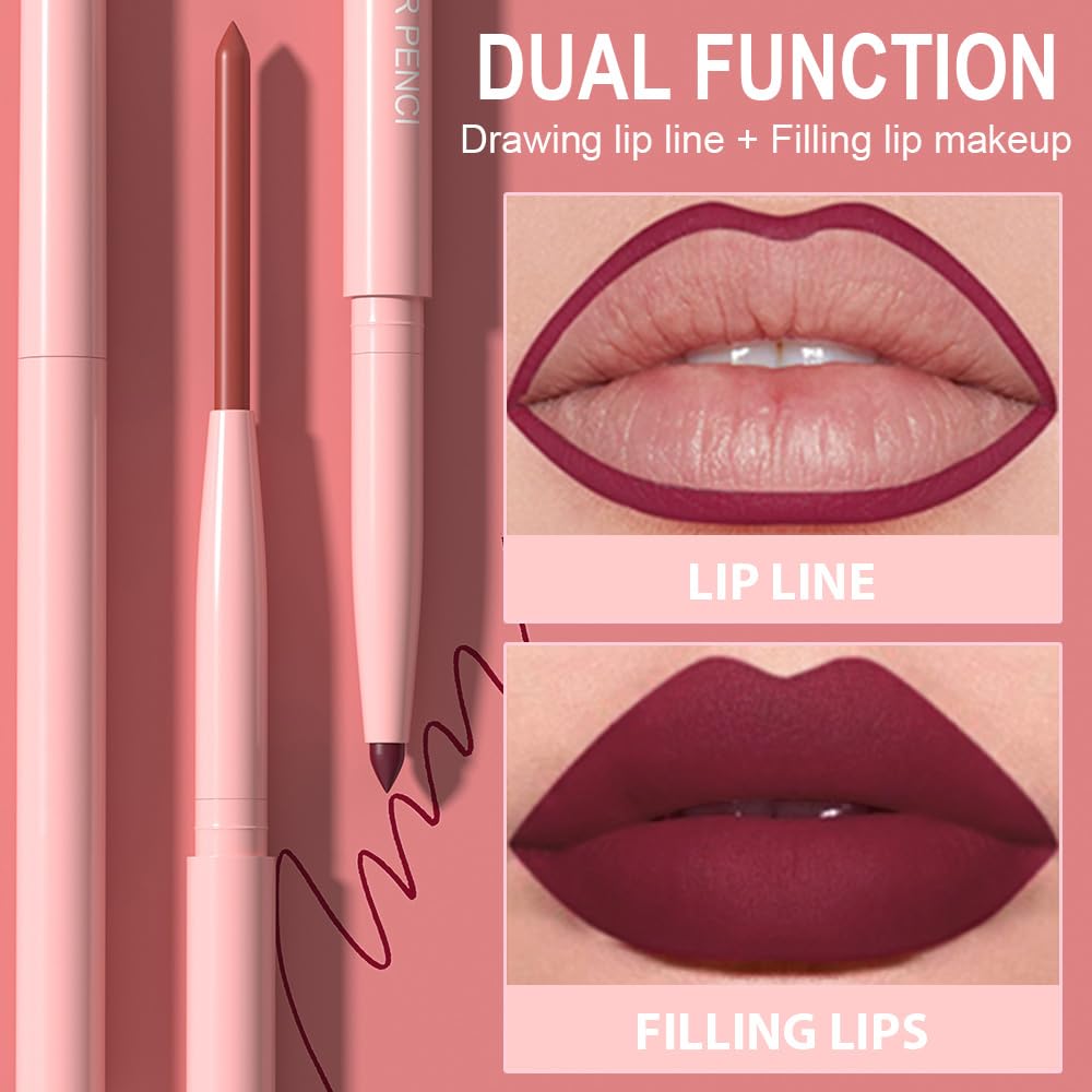 HHLTOH 6Pcs Retractable Lip Liner Pencils Set, Ruby Red Rose Nude Pink Plum Purple Taupe Brown Matte, Long-Lasting Non-Stick Cup Not Fade Waterproof Pigmented Velvet Lipgloss Kit Beauty Cosmetics. 02