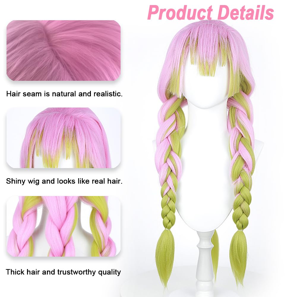 SEISAIDO Kanroji Mitsuri Wig DS Green and Pink Ombre 3 Pre-BraiDemon Slayer Characters Play Anime Cosplay Wigs Halloween Costume Party Christmas Gift Heat Resistant 80cm + wig cap